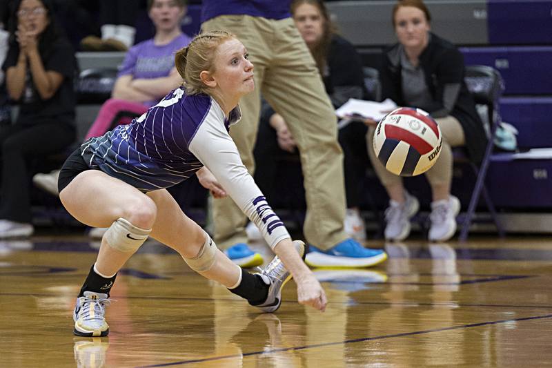 Dixon’s Madyson Tichler plays a shot against Rock Falls Thursday, Oct. 12, 2023 at Dixon High School.
