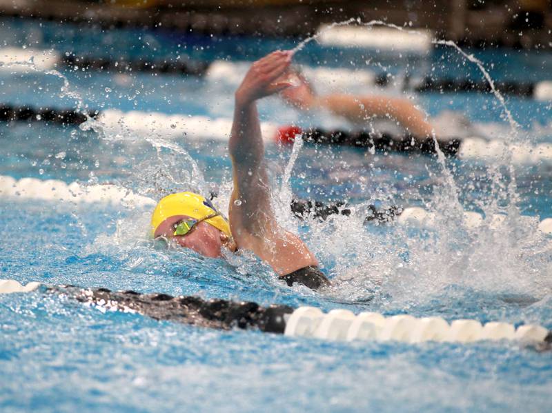 Neuqua Valley’s Sophia Labarre competes in the 400-yard freestyle relay consolation heat during the IHSA Girls State Swimming and Diving Championships at the FMC Natatorium in Westmont on Saturday, Nov. 11, 2023.