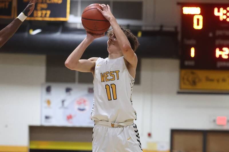 Joliet West’s Luke Grevengoed puts up a shot against Plainfield East on Friday, Dec. 8th, 2023 in Joliet.