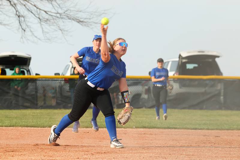 Milford/Cissna Park's Ainsley Niebuhr throws to first base during Grant Park's 12-2 victory in six innings on Wednesday, March 25, 2026.