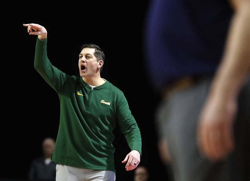 Crystal Lake South Head Coach Matt LePage calls a play during the IHSA Class 3A Supersectional basketball game on Monday, March 4, 2024, at NOW Arena in Hoffman Estates.