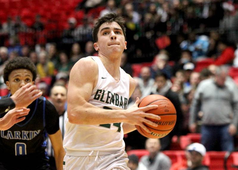 Glenbard West’s Paxton Warden goes up for a shot during a Class 4A DeKalb Supersectional game against Larkin at the Northern Illinois University Convocation Center on Monday, March 7, 2022.
