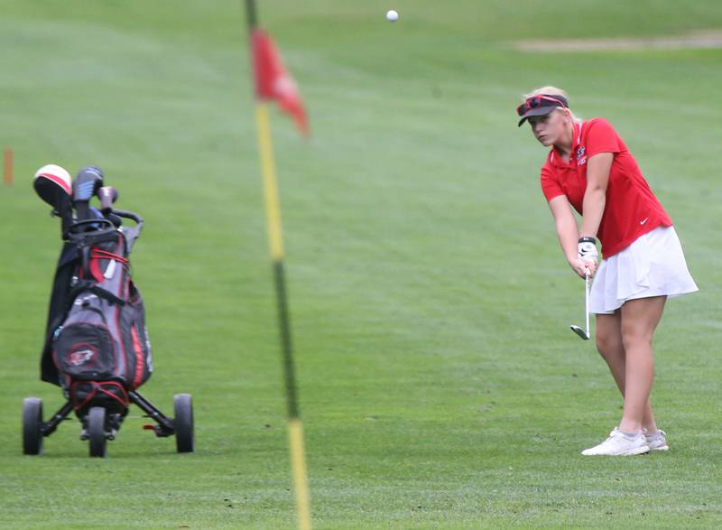 Earlville's Lillian McWilliams hits toward the 7th hole during the Class 1A Regional golf meet on Thursday, Sept. 28, 2023 at Spring Creek Golf Course in Spring Valley.