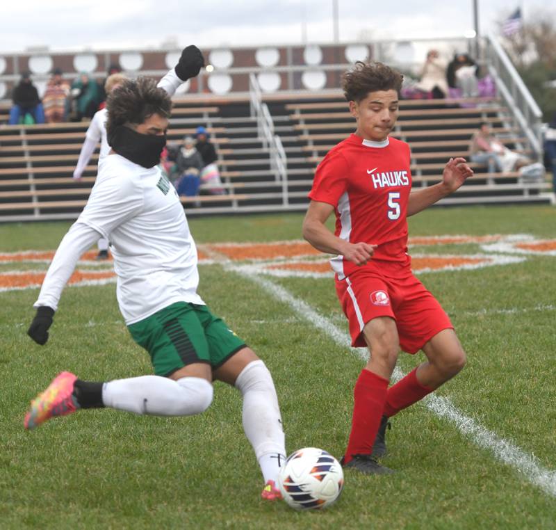 Oregon's Ivan Hernandez (5) defends a North Boone player on Tuesday, Oct. 21, 2025 at the 1A Byron Regional.