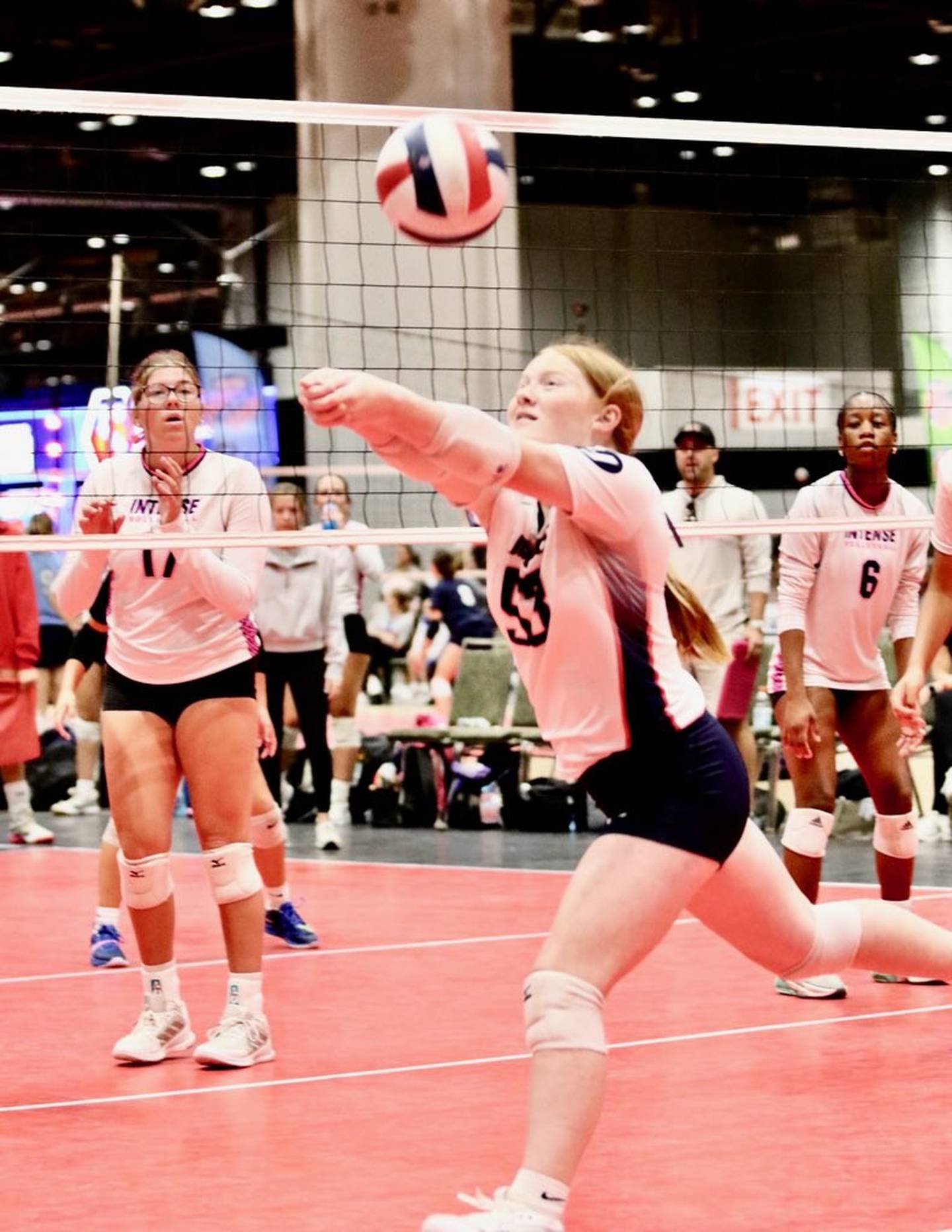 Payten Harden of Princeton makes a pass for the Lions Jrs Starved Rock 16 Red club team at the AAU Nationals Volleyball Tournament in Orlando, Fla.