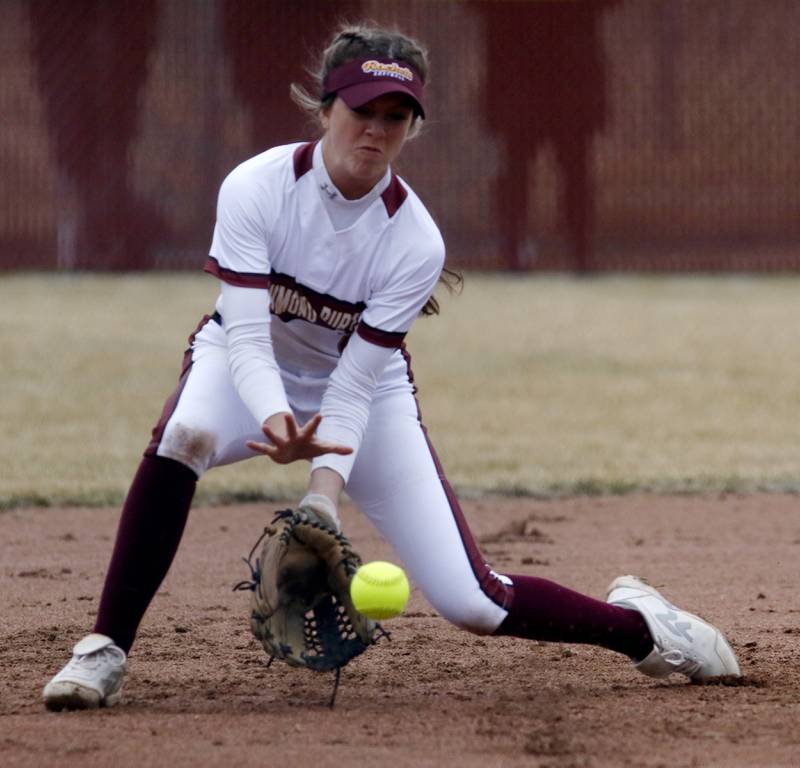 Richmond-Burton's Mia Spohr fields the ball during a non-conference softball game Tuesday March 22, 2022, between Richmond-Burton and McHenry at Richmond-Burton High School.