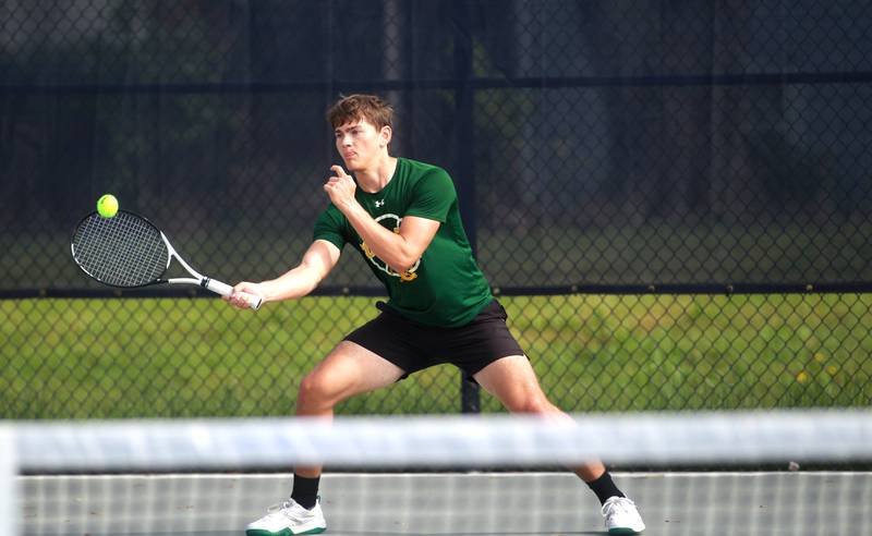 Martin Ramirez of Coal City returns the ball during the first round of the 1A boys state tennis meet on Thursday, May 29. 2025 at Buffalo Grove High School.