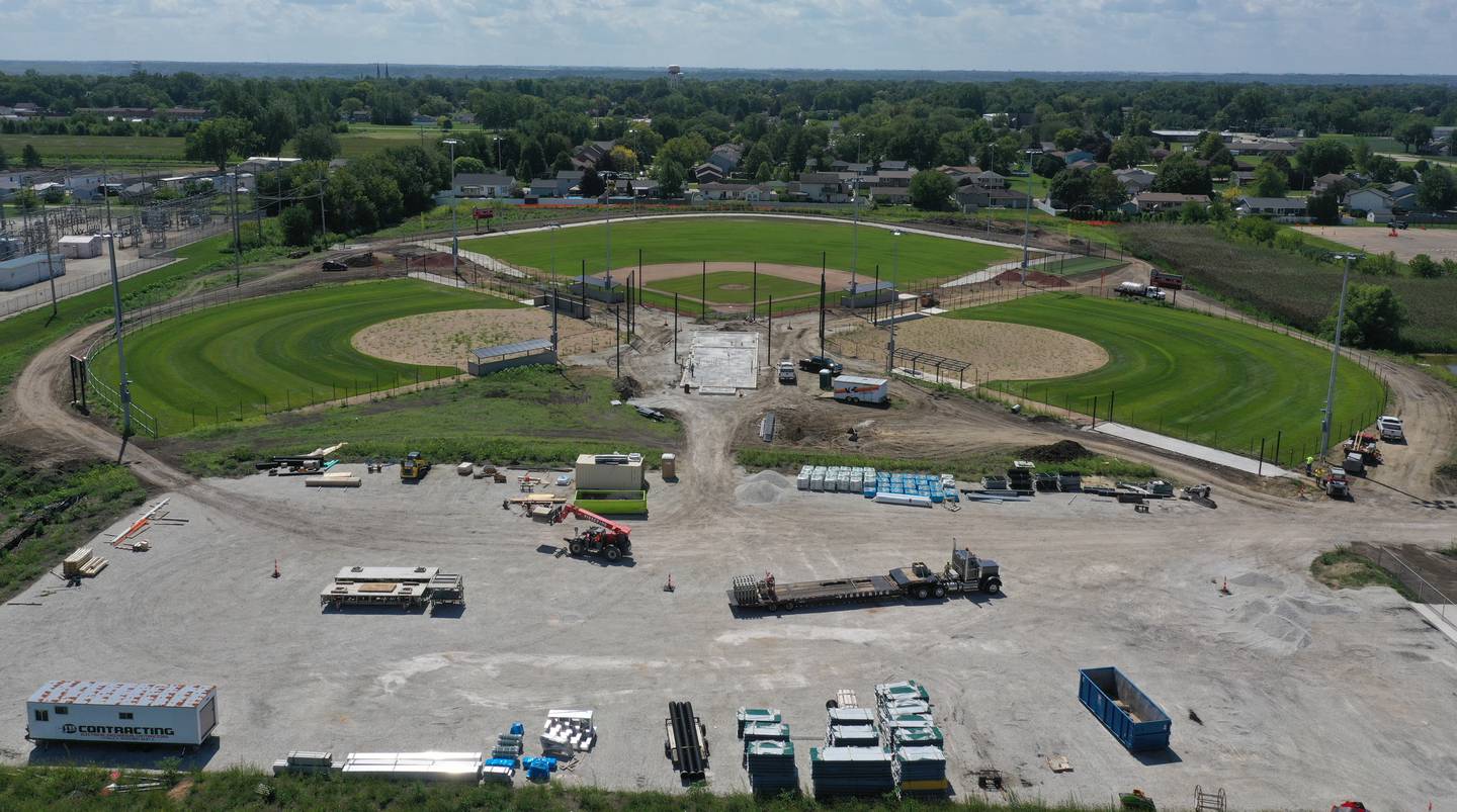 An aerial view of the baseball and softball fields on at the La Salle-Peru Township High School Athletic Complex on Thursday, Aug. 17, 2023. In March of this year, L-P announced a $9.5 million addition/renovation to its sports complex. The project will include the addition of a baseball field, two softball fields and four tennis courts; the installation of artificial turf on the soccer field; the expansion of parking; the addition of restrooms in the soccer building; and construction near the baseball/softball fields that will include a concession stand, press box and restrooms.