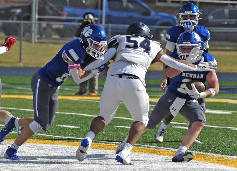 Newman Running Back Cody McBride outruns Chicago Hope player  Timothy Harris. Newman defeated Chicago Hope 50-22 in Class 1A 1st round football at Sterling High School on Saturday, November 2, 2024.