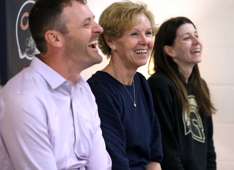 Whitney Wheeler, (right) a third grade teacher,  who all work at South Prairie Elementary School in Sycamore, have a laugh as they talk Friday, April, 11, 2025, at the school, about the benefits and enjoyment that comes from working together in the same building.