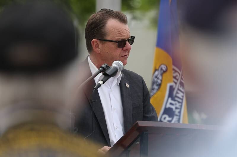 State Representative Larry Walsh Jr. speaks at a special Flag Day ceremony dedicating a memorial to remember the 28 World War II Submarines that traveled through Joliet on their way to the Pacific theater in Bicentennial Park on Wednesday, June 14, 2023 in Joliet.