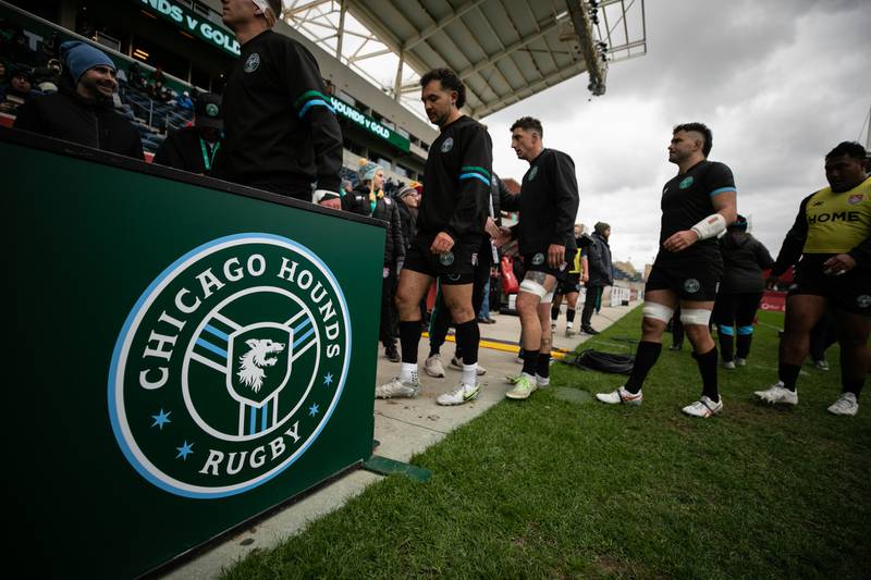 Players from Major League Rugby’s newest franchise, the Chicago Hounds, go back to the locker room before the start of their game against the New Orleans Gold at Seat Geel Stadium in Bridgeview, on Sunday April 23, 2023.