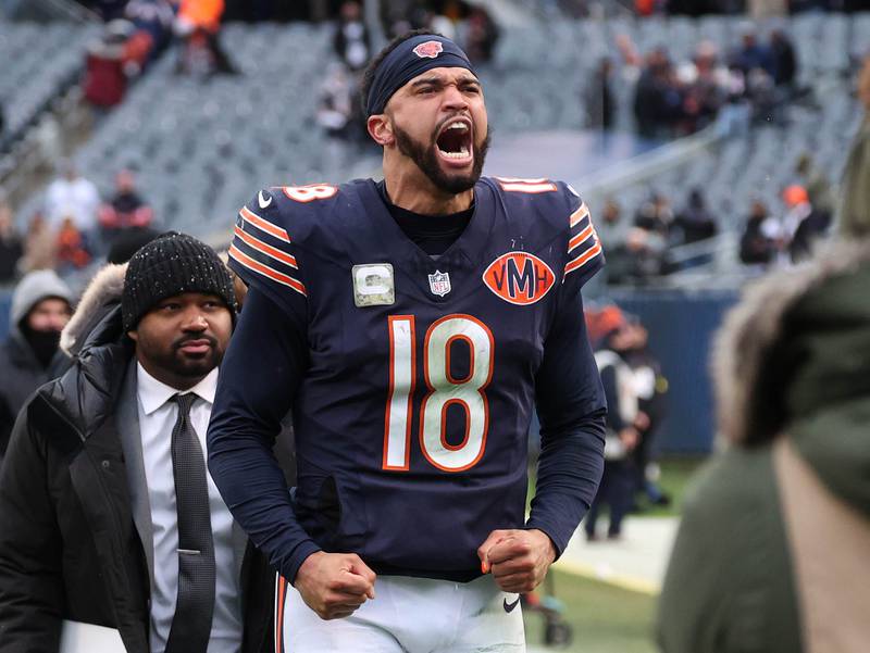 Chicago Bears quarterback Caleb Williams celebrates Sunday, Nov. 9, 2025, after their 24-20 win over the New York Giants at Soldier Field in Chicago.
