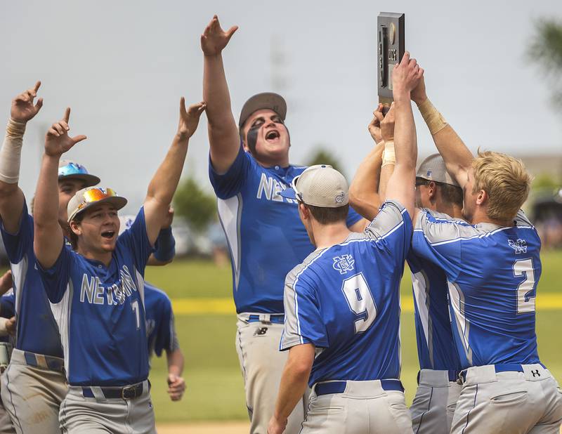 Newman celebrates their 6-2 win over Johnsburg Saturday, May 31, 2025, in the Class 2A Sectional final in Mendota.