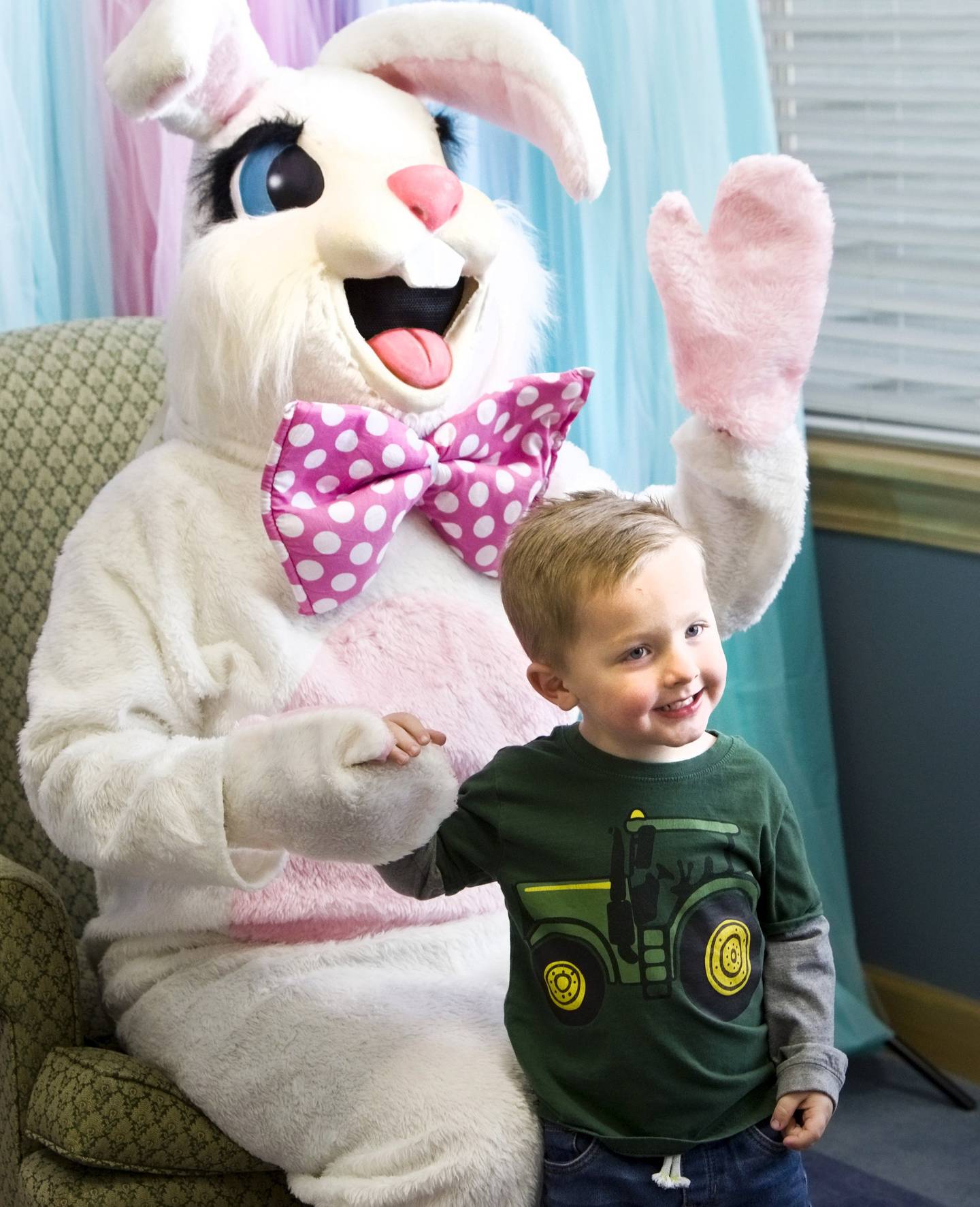 Tristan Dilday, 3, of Plainfield gets his picture taken with the Easter Bunny during Timbers of Shorewood Hippity-Hop Easter Egg Hunt Saturday, March 23, 2024, in Shorewood, Ill.