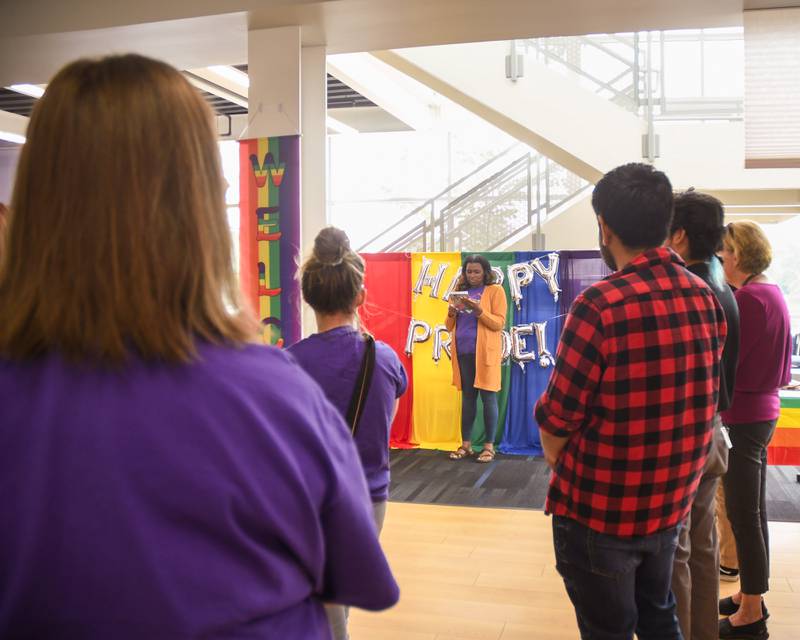 Marleigha Evans the senior diversity equity and inclusion coordinator welcomes all who had stop by the pride party at Waubonsee Community College held at the Plano campus on Thursday June 29, 2023.