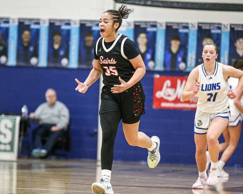 Saint Charles East's Corinne Reed (35) reacts after making a basket during their Coach Kipp's Hoopfest basketball game between Lyons at St Charles East. Jan 18, 2025 in La Grange.