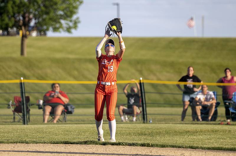 Milledgeville’s Kennedy Livengood camps under a pop-up against Dakota Tuesday, May 26, 2026, at the Eastland Class 1A softball sectional quarterfinal.