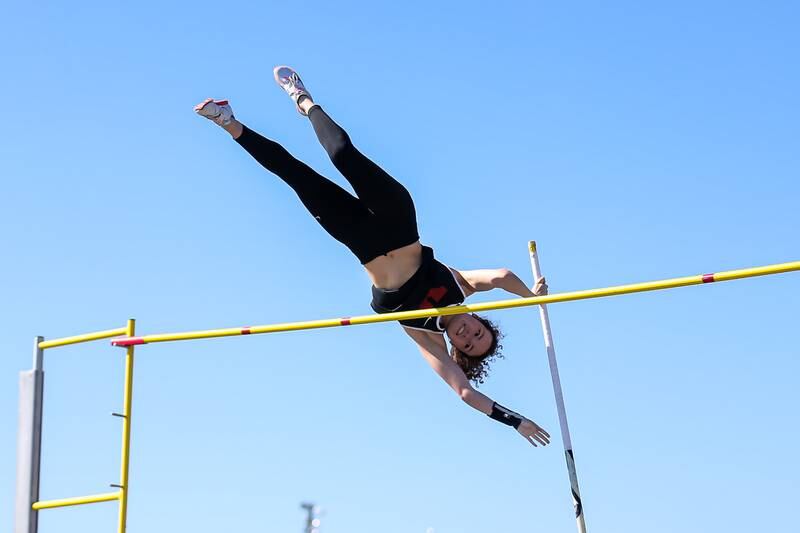 Yorkville's Mia Boule competes in the pole vault at the  Girls Track, Southwest Prairie Conference meet.  May 3, 2023.