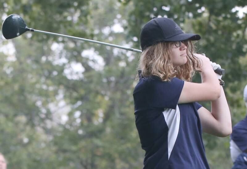 Bureau Valley's Gracie Phillips tees off during the Class 1A Regional golf meet on Thursday, Sept. 28, 2023 at Spring Creek Golf Course in Spring Valley.