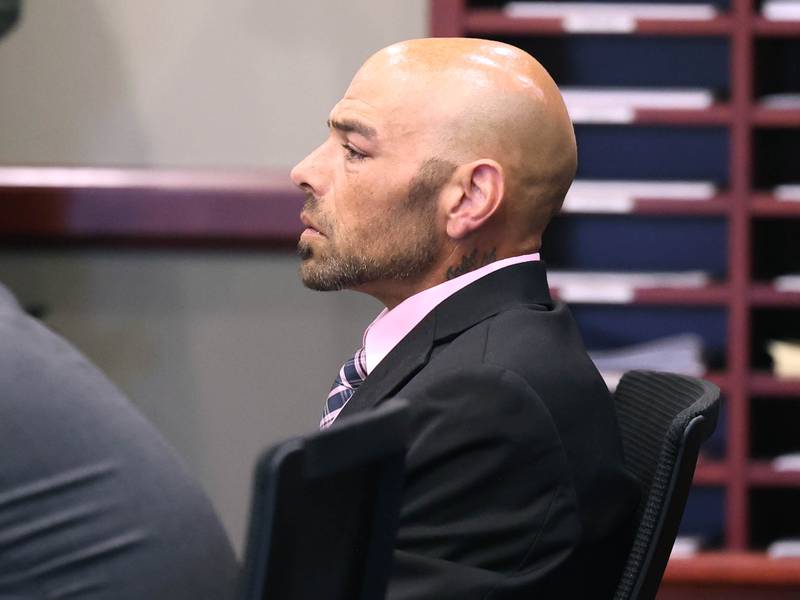 Nathan P. Sweeney listens as Circuit Court Judge Marcy Buick sentences him Tuesday, Aug. 26, 2025, at the DeKalb County Courthouse in Sycamore. Sweeney received the maximum 14 years for driving under the influence and causing the 2024 crash that killed DeKalb County sheriff’s deputy Musil.