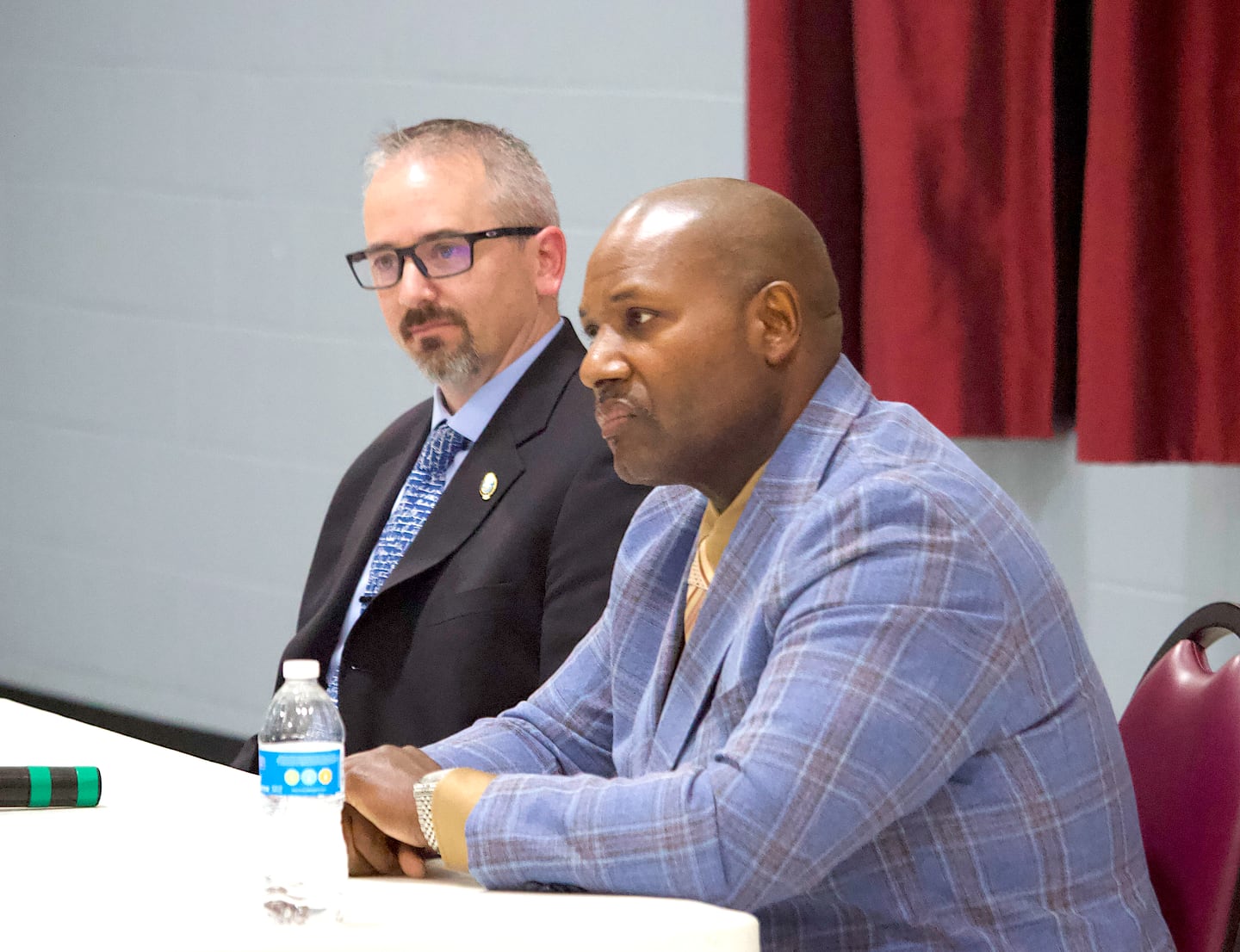 Will County Undersheriff Dan Jungles (left) and Will County Sheriff's Sgt. Patrick Jones on Wednesday, Jan. 28, 2025 at the community center at St. John's United Church of Christ in Mokena.