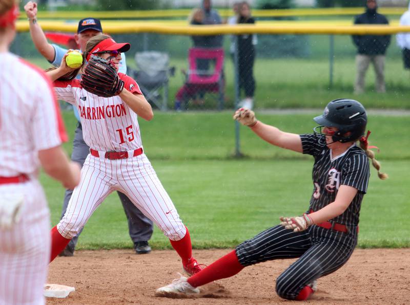 Barrington’s Lexi Thomas forces Huntley’s Madi Smith at second base during the Class 4A Huntley Sectional championship, Saturday, June 4, 2022.
