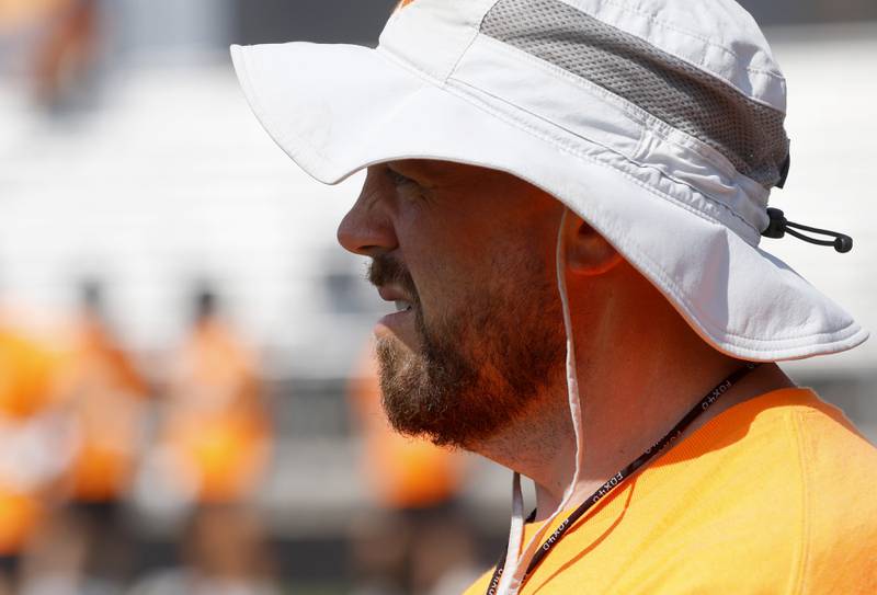 Crystal Lake Central coach Matt MacCrindle watches his team during a 7 on 7 football practice Monday, July 14, 2025, at Richmond-Burton High School, with teams from Richmond-Burton . Grayslake Central and Mundelein.
