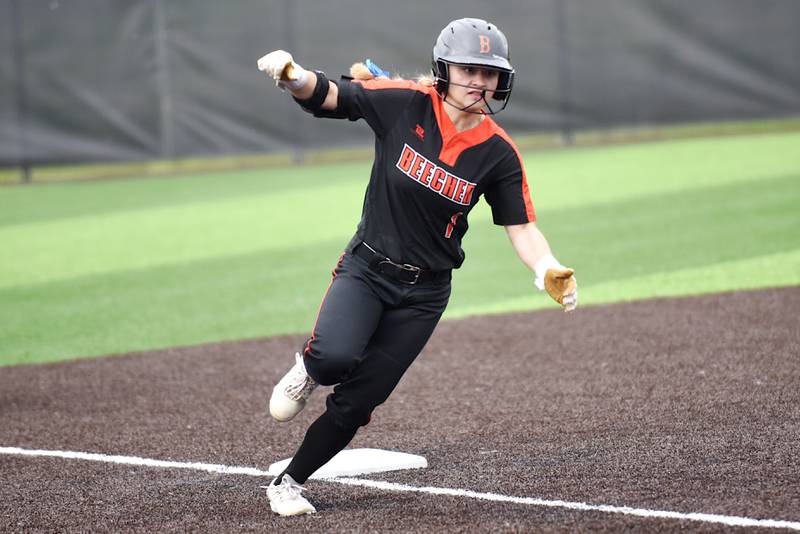 Beecher's Alexa Gliva rounds third base on her way to scoring the go-ahead run in the Bobcats' 7-5 win over Herscher in the IHSA Class 2A Seneca Sectional semifinals Tuesday, May 27, 2025.
