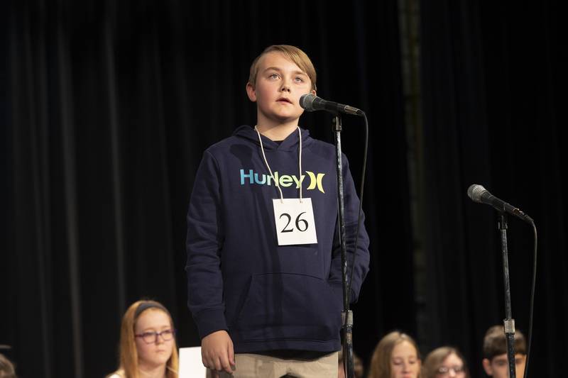 Centennial fifth-grader Jace McKenna competes Thursday, Feb. 22, 2024, at the Lee-Ogle-Whiteside regional spelling bee. McKenna missed on the word “peony” in round three.