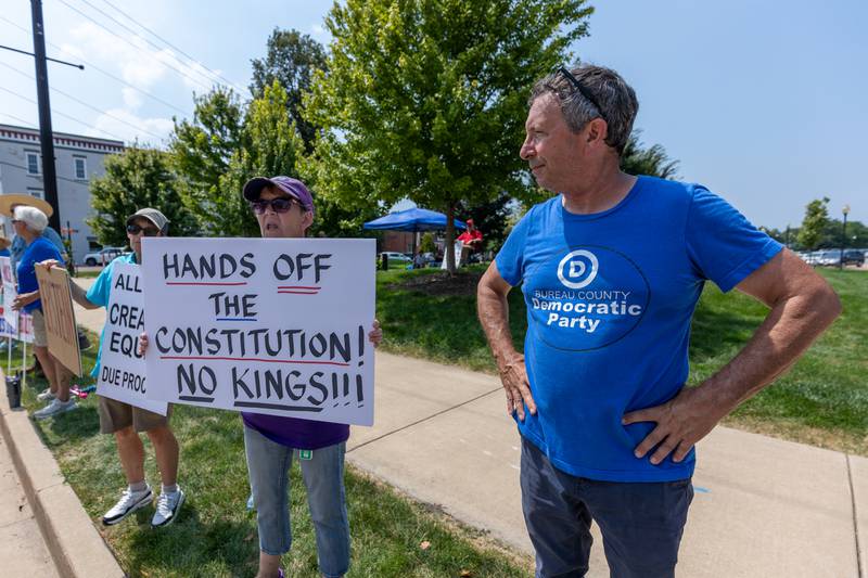 Protesters attend the “No Kings” protest on Saturday,  August 9, 2025 at Rotary Park in Princeton.