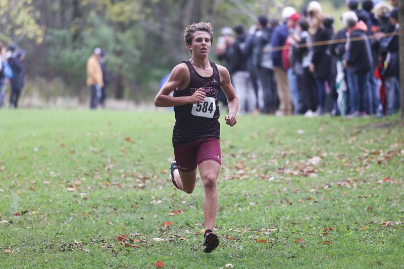 Plainfield North’s Owen Stahl takes fourth in the Southwest Prairie Conference meet at Channahon Park in Channahon on Friday, Oct. 13, 2023.