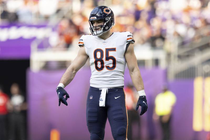 Chicago Bears tight end Cole Kmet lines up against the Minnesota Vikings on Jan. 9 in Minneapolis.