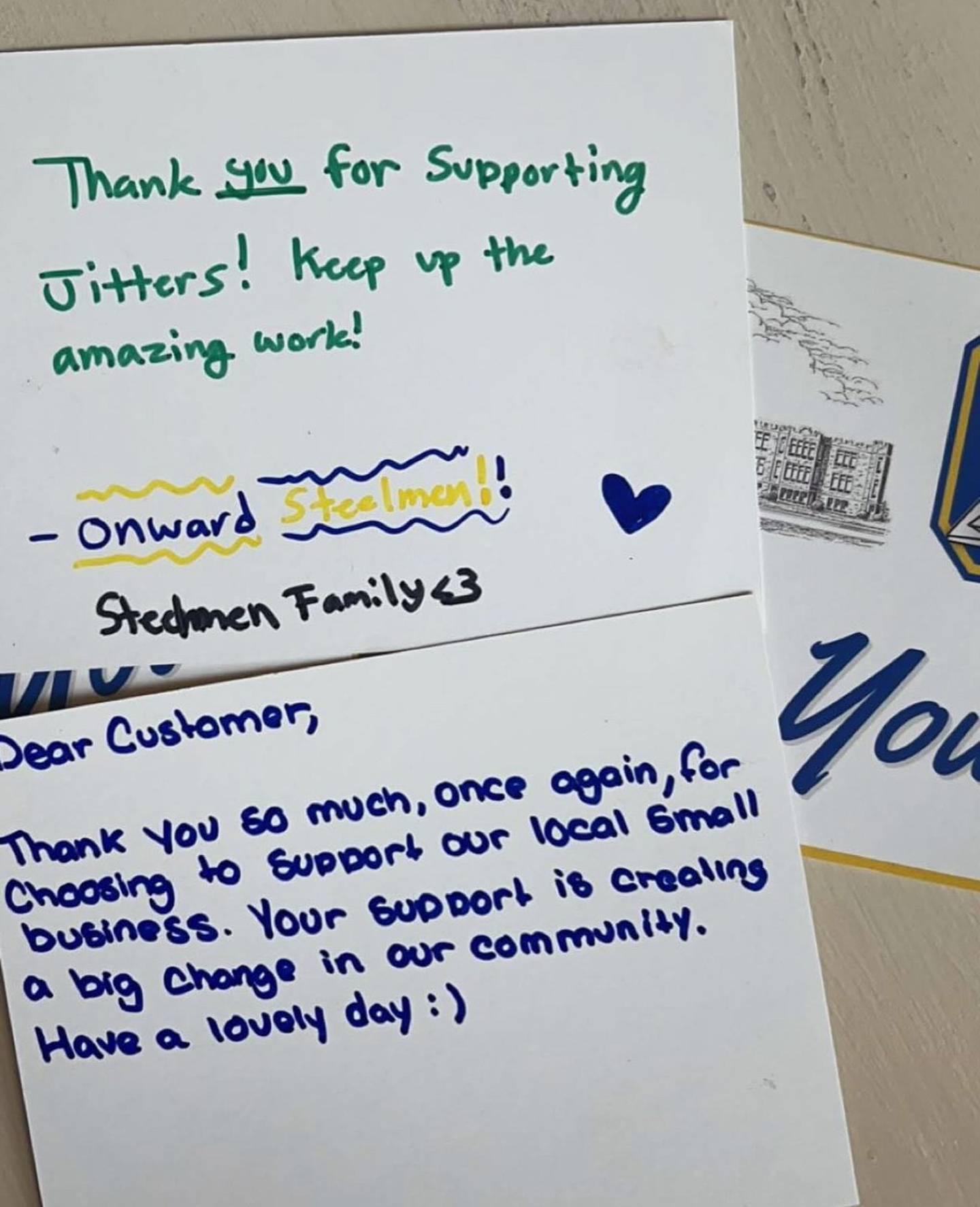 Joliet Central High School students created "thank you" notes for customers who purchased the new Steelmen drink from Jitters in downtown Joliet.