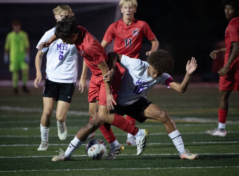Manteno's Justin Foster, right, steps in to take the ball from Bradley-Burbonnais' Gaudalupe Valadez in a game on Tuesday, September 16, 2025.