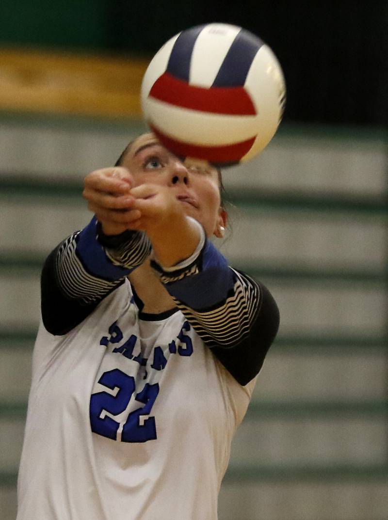 St. Francis' Addy Horner bumps the ball during the IHSA Class 3A Grayslake Central Supersectional volleyball match against Prairie Ridge on Monday, Nov. 11, 2024, at Grayslake Central High School.
