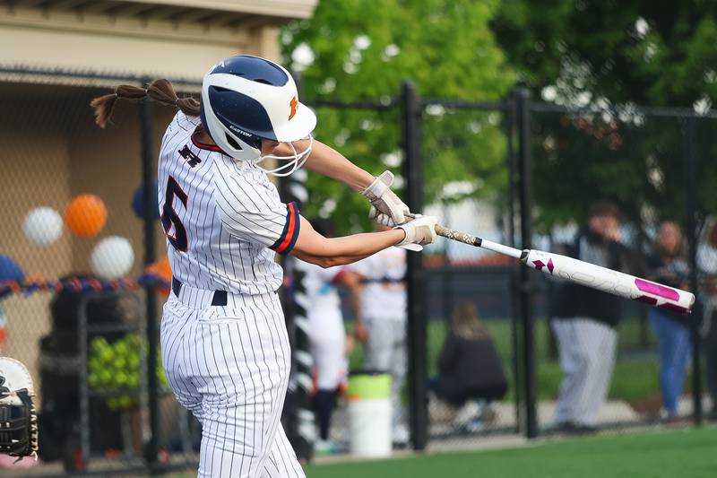 Romeoville’s Lilly Roberts connects against Joliet Central on Tuesday, April 28, 2026 in Romeoville.