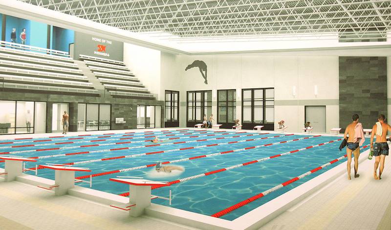 An artist’s rendering shows how the Sage YMCA’s new eight-lane pool with seating for 300 will look.