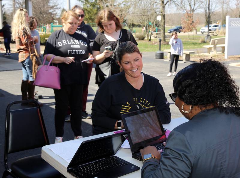 Samantha Aversa of Elburn signs up to give blood at the Be the Match Stem Cell Screening and Blood Donation Event at Elburn's Lion's Club that was held for Frankie Techter on Saturday, April 8, 2023.