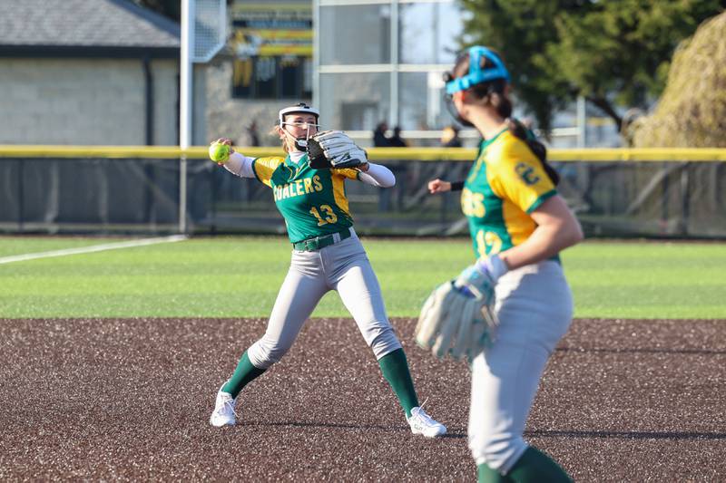 Coal City's Ava Kenney throws to first base during Coal City's 14-10 victory over Herscher on Monday, April 20, 2026.