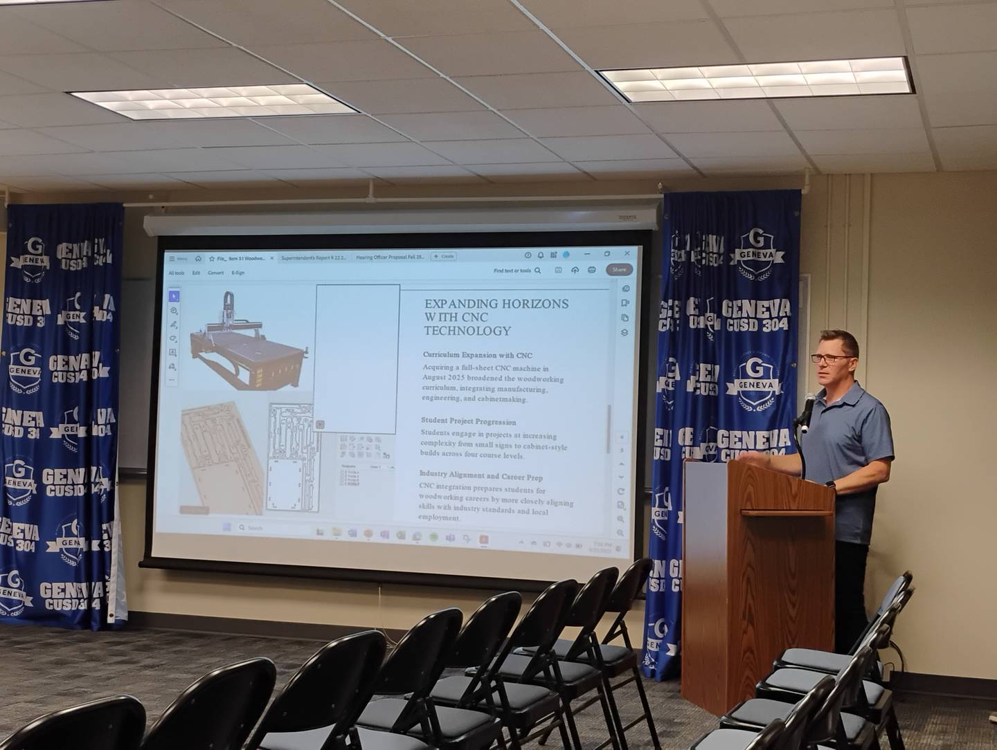 Geneva High School woodworking teacher Rob Showalter speaks about changes and reorganizing of the woodworking classes to the the District 304 school board Monday, Sept. 22, 2025.