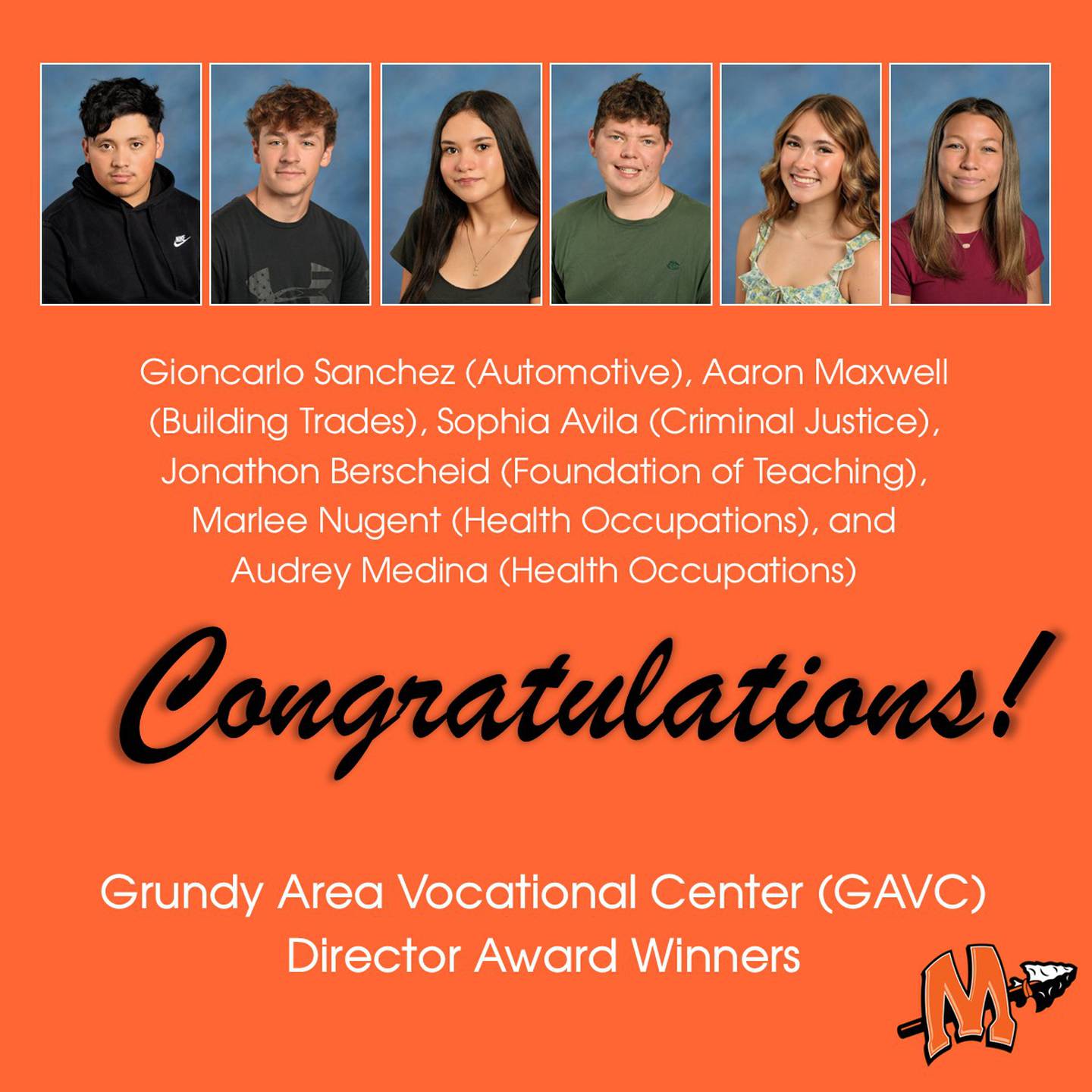 Grundy Area Vocational Center Director Award Winners for March 2026. The awards recognize students from Minooka Community High School who demonstrate excellence in their vocational programs.