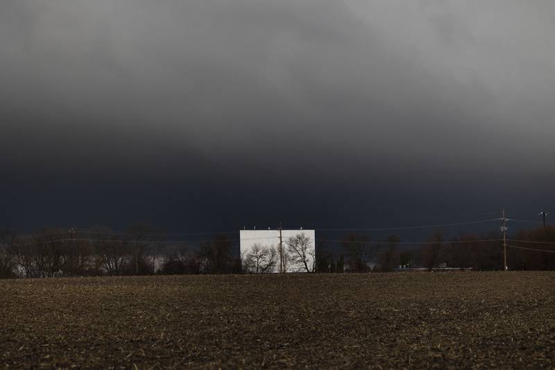 A dark front is seen above the Midway Drive-In Monday, April 3, 2023 outside of Sterling.