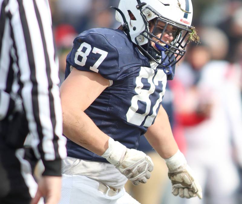 Cary-Grove’s Jake Cody celebrates after sacking Belvidere North’s quarterback Nicolas Tapia in IHSA Class 6A quarterfinal playoff football action on Saturday, Nov. 16, 2024, at Al Bohrer Field on the campus of Cary-Grove High School in Cary.