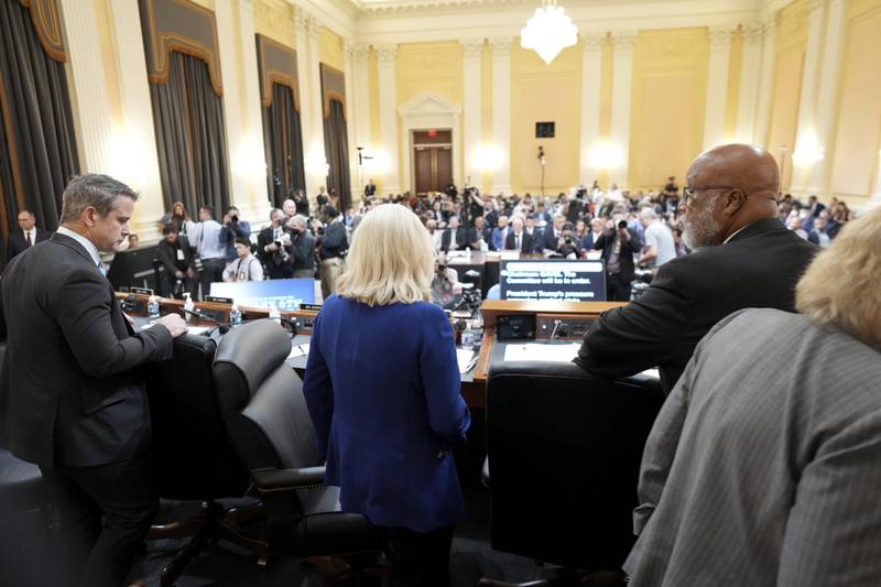 Rep. Adam Kinzinger R-Ill., Vice Chairwoman Rep. Liz Cheney, R-Wyo., and Chairman Rep. Bennie Thompson, D-Miss., appear during a break as the House select committee investigating the Jan. 6 attack on the U.S. Capitol continues to reveal its findings of a year-long investigation, at the Capitol in Washington, Tuesday, June 21, 2022. (Doug Mills/The New York Times via AP, Pool)