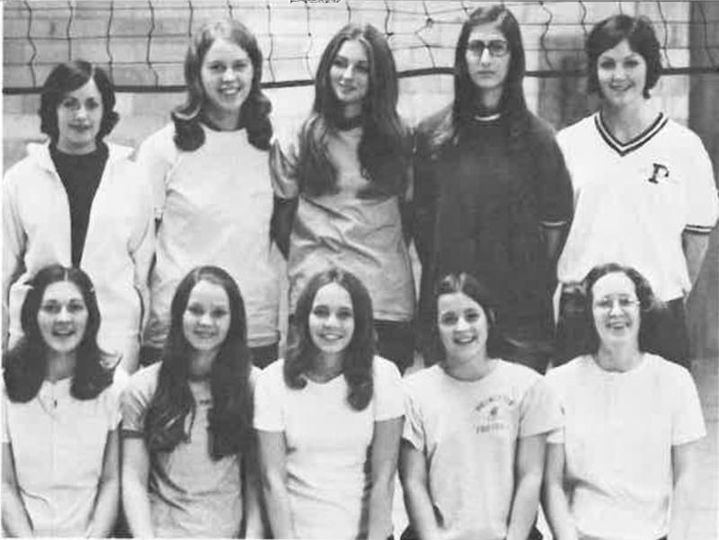 Princeton had its first volleyball team in the fall of 1973, a year after the passing of Title IX. Team members were (front row, from left) Deanna Howarter, Dina Lackey, Joy Farrell, Gail Schleuger and Rita Goble; (and back row) coach Julie Neagle, Jorja Bogott, Theresa Romagnoli,  Joan Velon  and Susan Zimmerman.