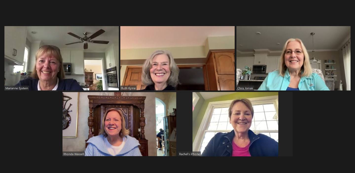 (Top from left): Marianne Epstein, Ruth Kyme, and Christine Joniak.
(Bottom from left: Rhonda Wassell and Rachel Bergman. The Northern Illinois University graduates of 1974 recently enjoyed a Zoom chat and will celebrate their 50th Huskie reunion in October 2024.