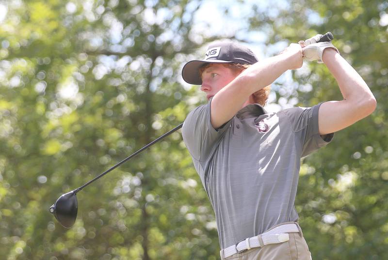 Streator's Jack Studnicki, drives the ball off of the fourth tee during the Streator Bulldog Invitational on Monday, Aug. 25, 2025 at Eastwood Golf Course in Streator.