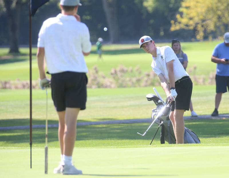 L-P's Ben Nicholson chips the ball toward the hole during the Pirate Invitational on Monday, Sept. 15, 2025 at Deer Park Golf Club in Oglesby.