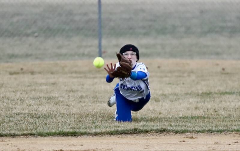 Princeton right fielder Rilee Sterling makes a diving attempt in Thursday's game with L-P.